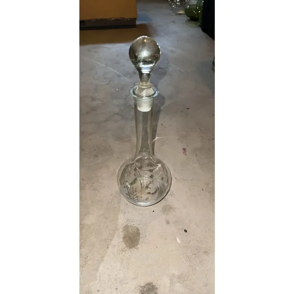 Vintage Excellent Condition Long Necked Etched Floral Design Decanter